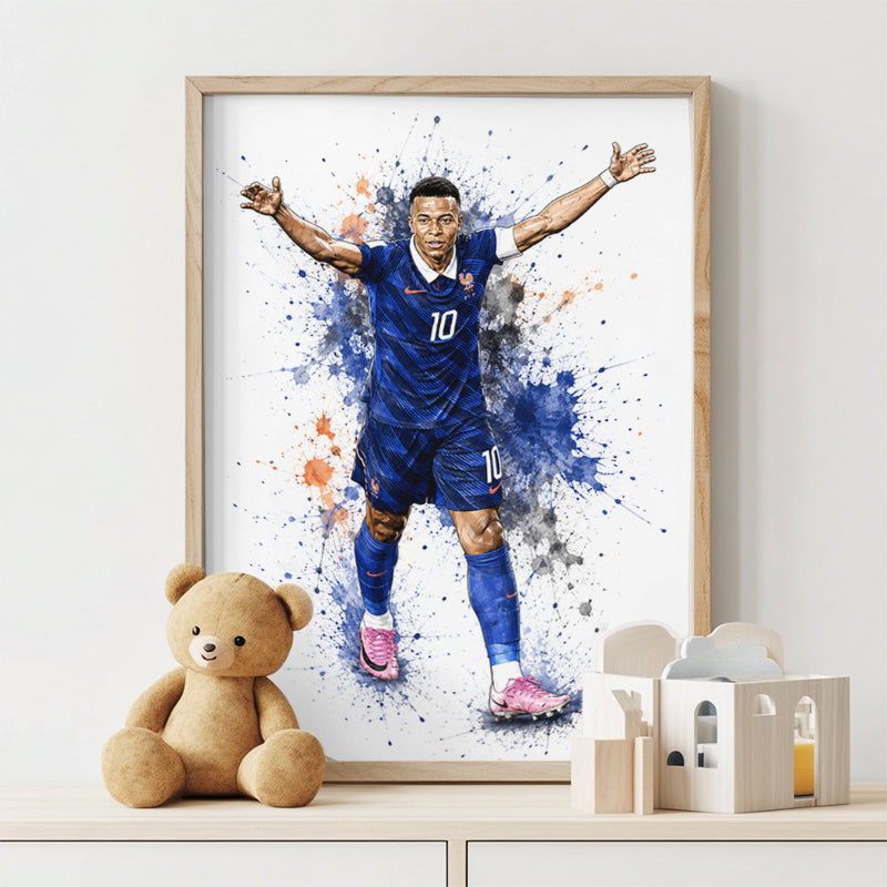 Kylian Mbappe France National Team Vibrant Splash Art Poster Soccer Phenomenon Wall Decor (Printable+Physical)