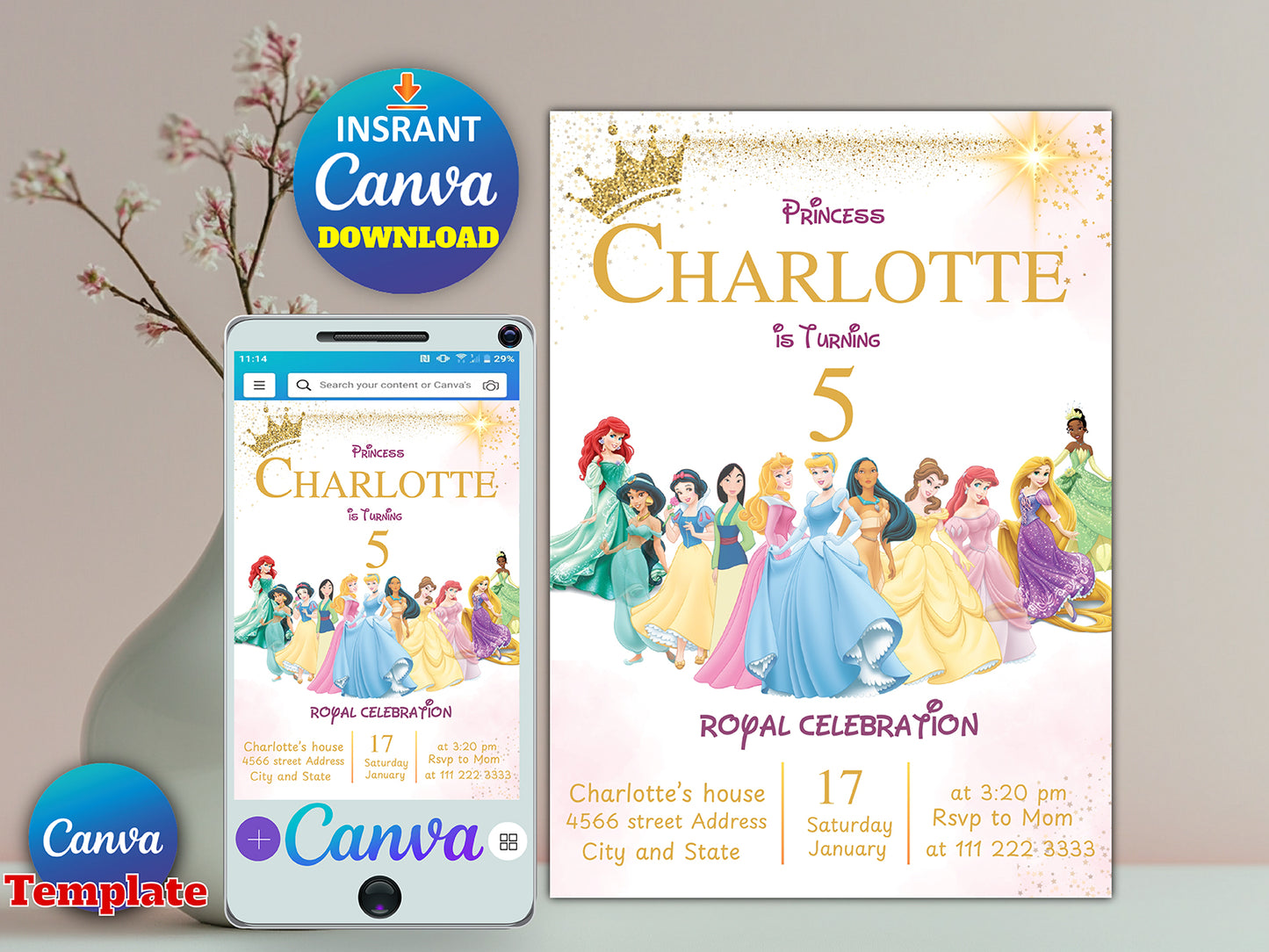 Watercolor Princess Birthday Party Invitation(Printable)