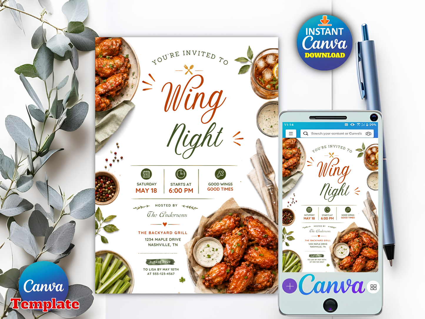 A promotional mockup for a Canva 'Wing Night' event invitation template, showing a printed card design and a smartphone screen preview beside decorative eucalyptus leaves, a pen, and Canva badges.