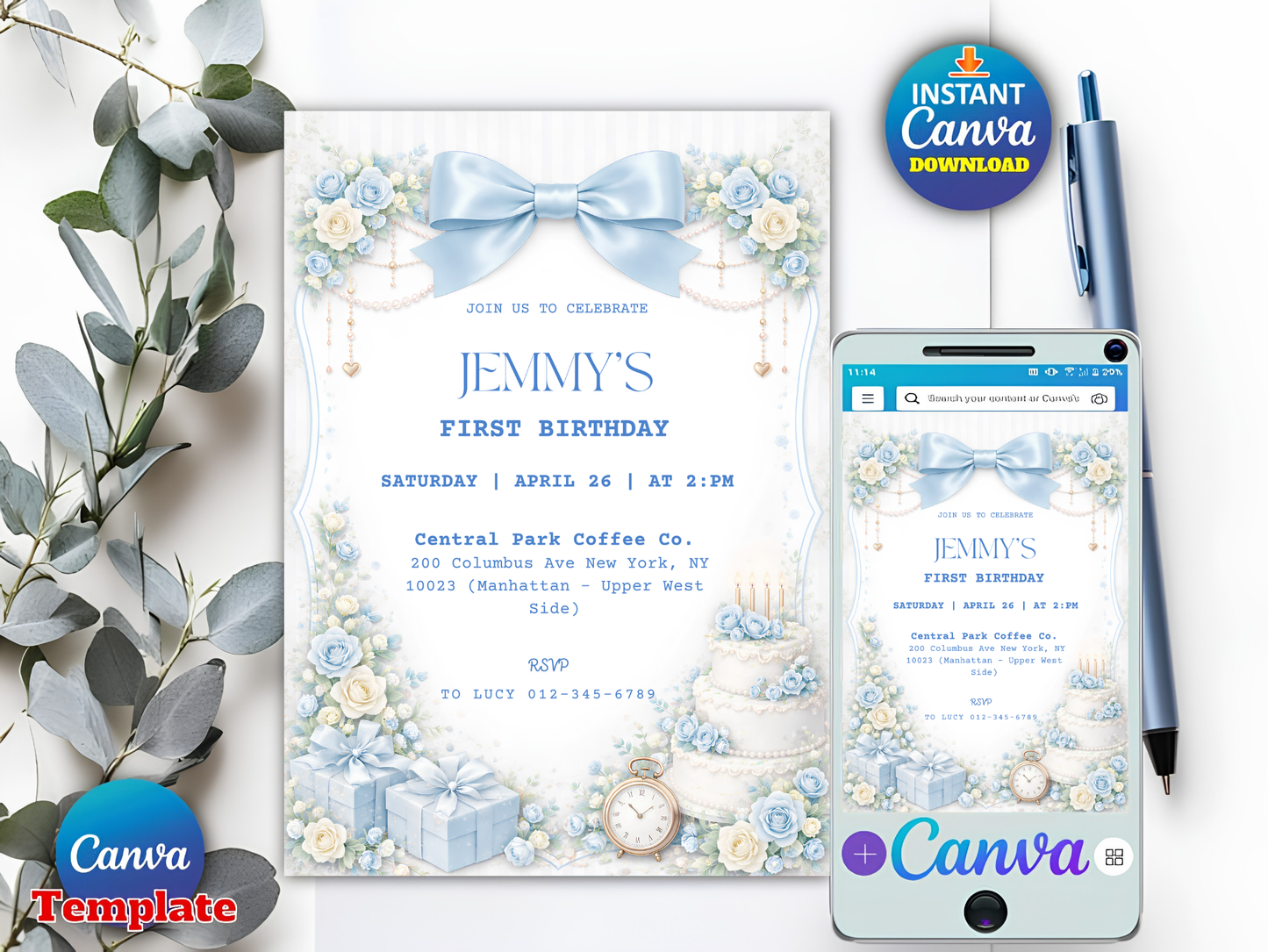 Editable Elegant Blue Rose 1st Birthday Invitation Template | Coquette Blue Bow Party Invite (Degital Template)