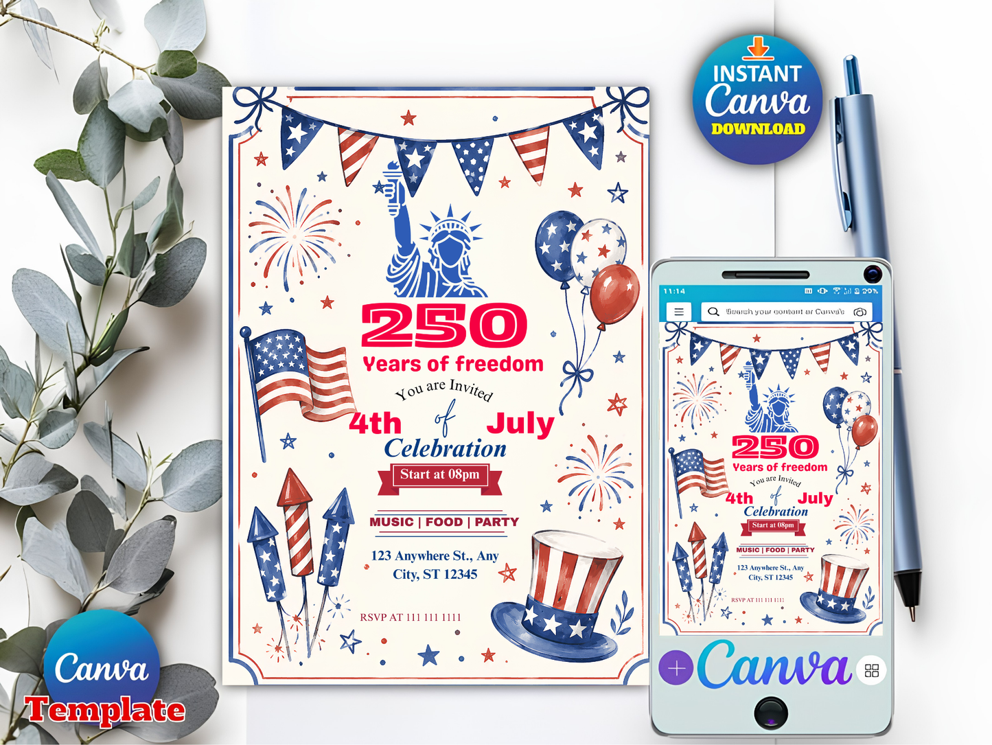 America 250th Anniversary Invitation Template, 4th of July Party Invitation, USA Patriotic Red White Blue BBQ Invite Editable Canva Invite