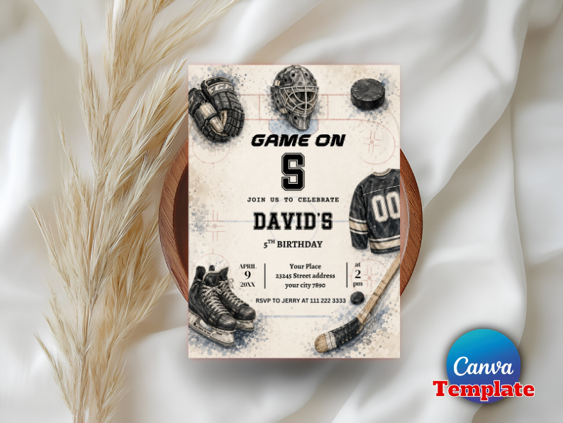 Editable Ice Hockey Birthday Invitation Template | Vintage Game On Sports Invite Canva (Degital Template)