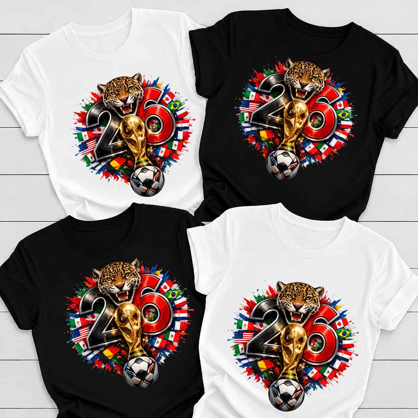 Fierce 2026 World Cup Jaguar Mascot T-Shirt - Global Flags & Trophy Soccer Fan Graphic Tee(physical)