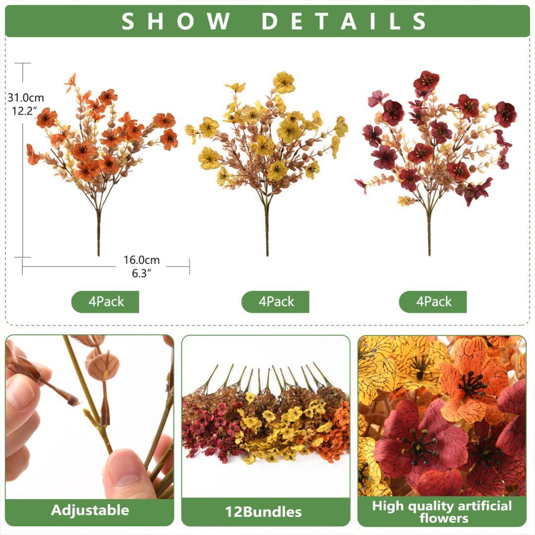 INQCMY Artificial Fake Fall Plants Flowers for Outdoor Outside Decoration - 12 Bundles