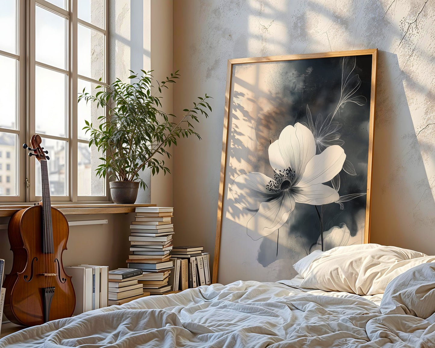 Modern Minimalist Art Beige Black Flower Abstract Art Set(Printable+Physical)