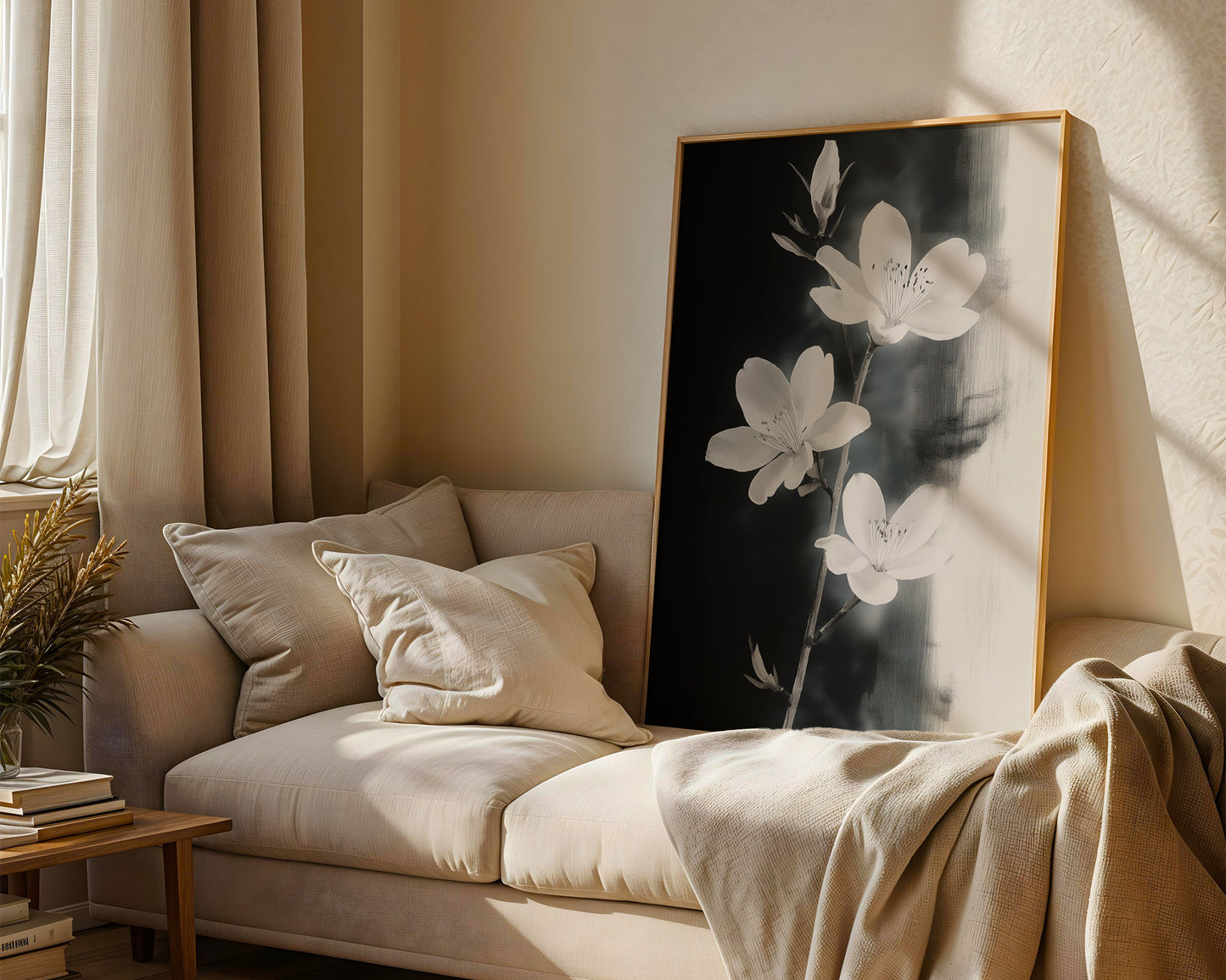 Modern Minimalist Art Beige Black Flower Abstract Art Set(Printable+Physical)