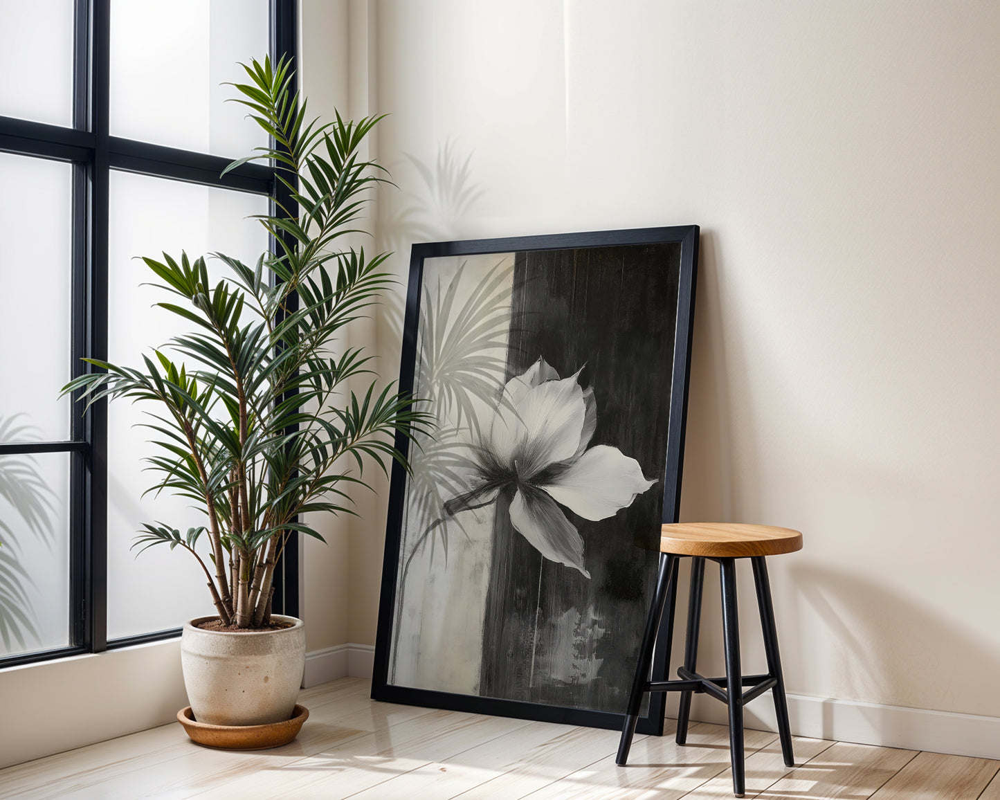 Modern Minimalist Art Beige Black Flower Abstract Art Set(Printable+Physical)