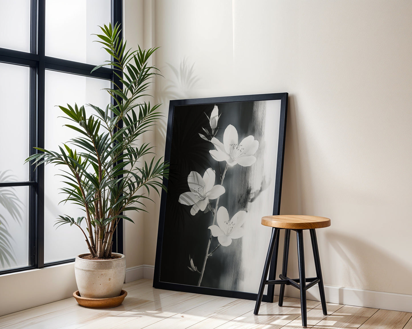 Modern Minimalist Art Beige Black Flower Abstract Art Set(Printable+Physical)