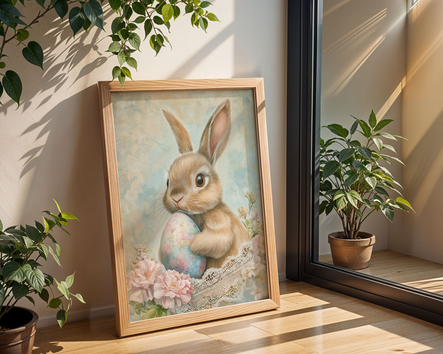Vintage Bunny with Easter Egg and Spring Flowers (Printable+Physical)