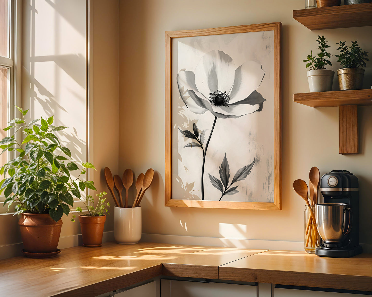 Modern Minimalist Art Beige Black Flower Abstract Art Set(Printable+Physical)