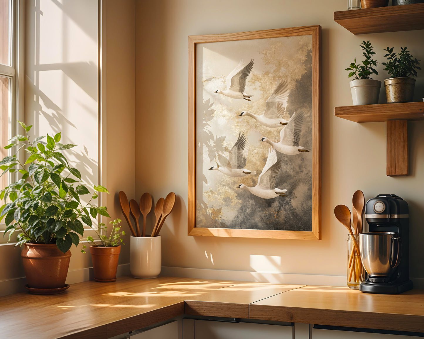 Flying White Crane w Gold Print(Printable+Physical)