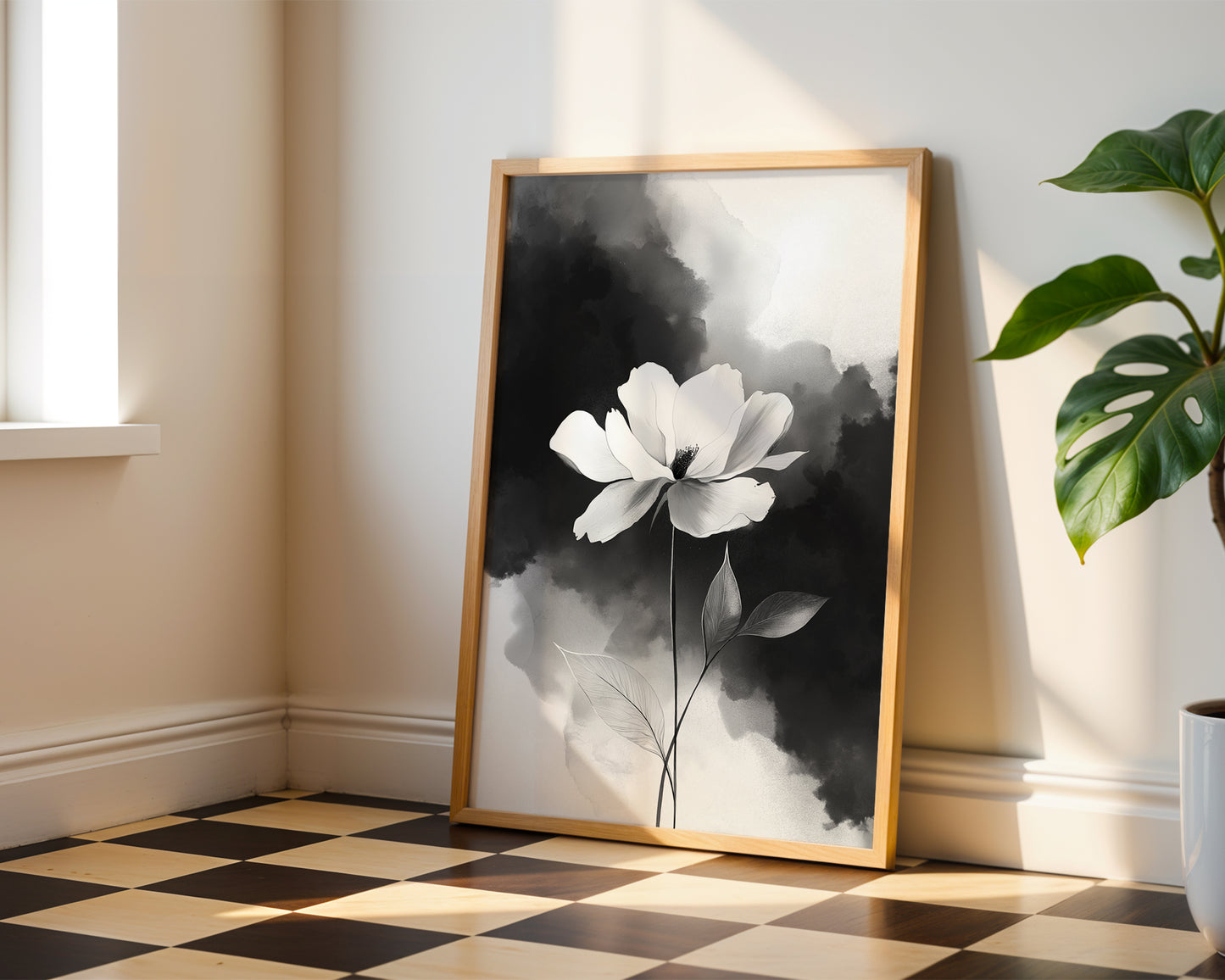 Modern Minimalist Art Beige Black Flower Abstract Art Set(Printable+Physical)
