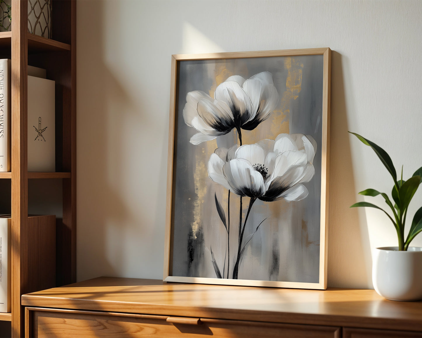 Modern Minimalist Art Beige Black Flower Abstract Art Set(Printable+Physical)