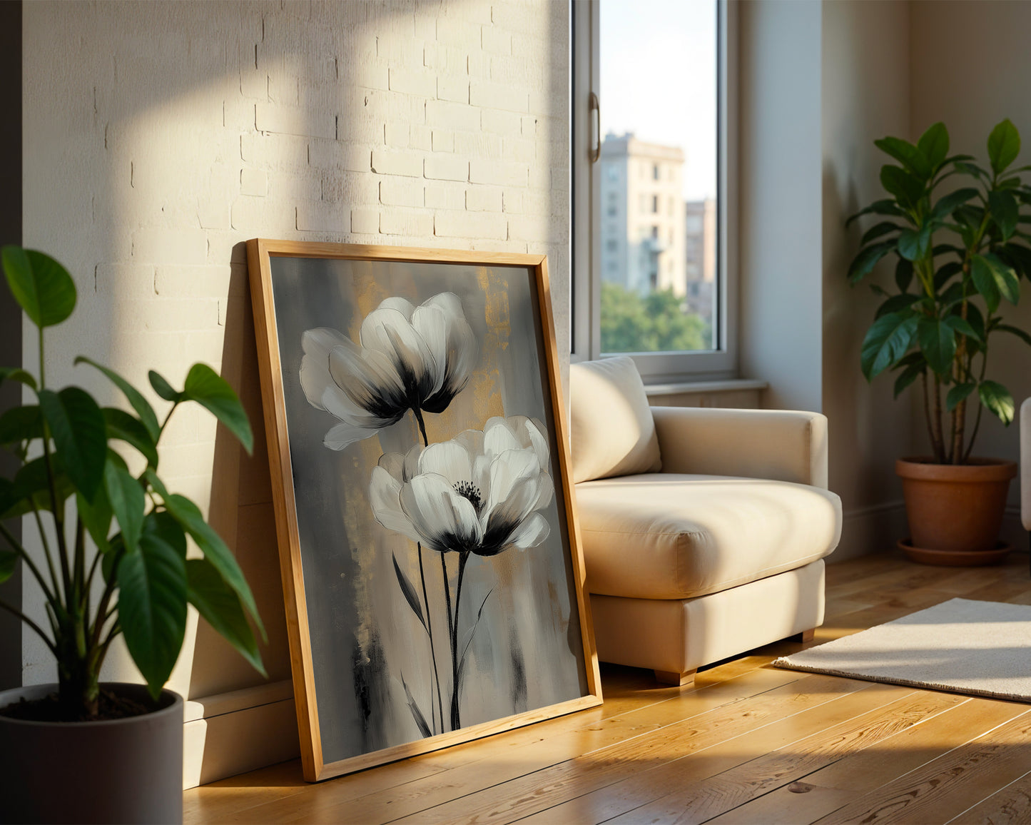 Modern Minimalist Art Beige Black Flower Abstract Art Set(Printable+Physical)