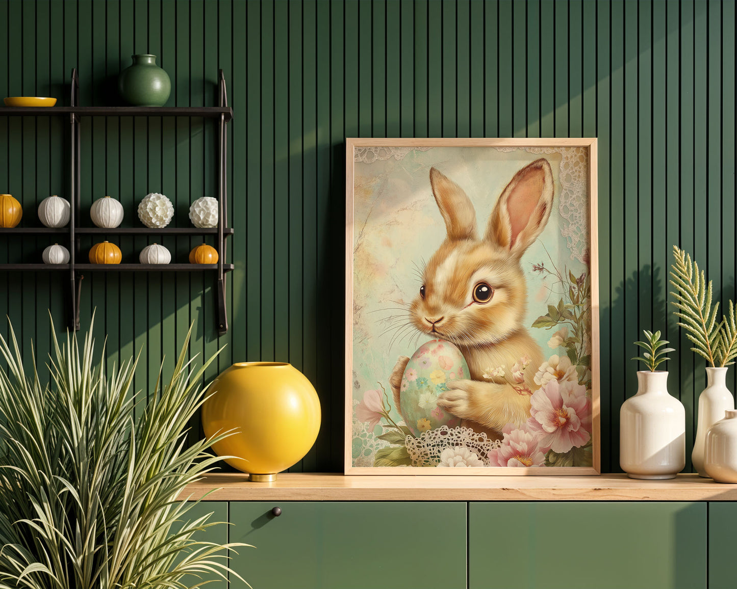 Vintage Bunny with Easter Egg and Spring Flowers (Printable+Physical)