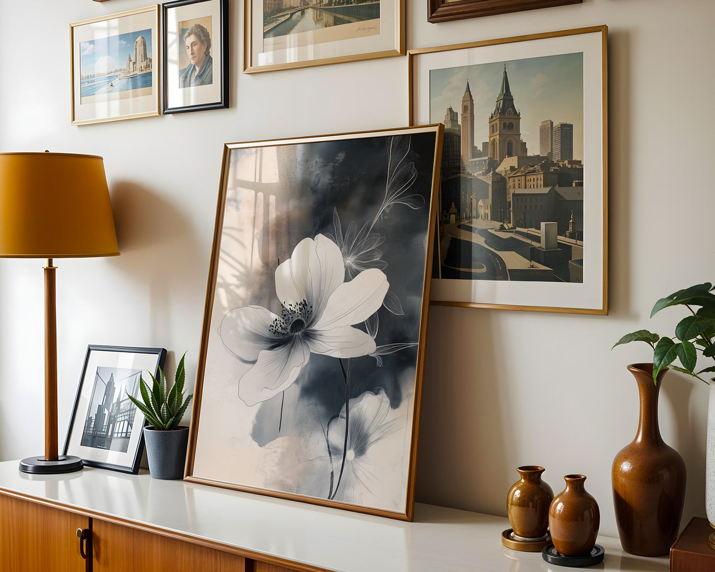 Modern Minimalist Art Beige Black Flower Abstract Art Set(Printable+Physical)