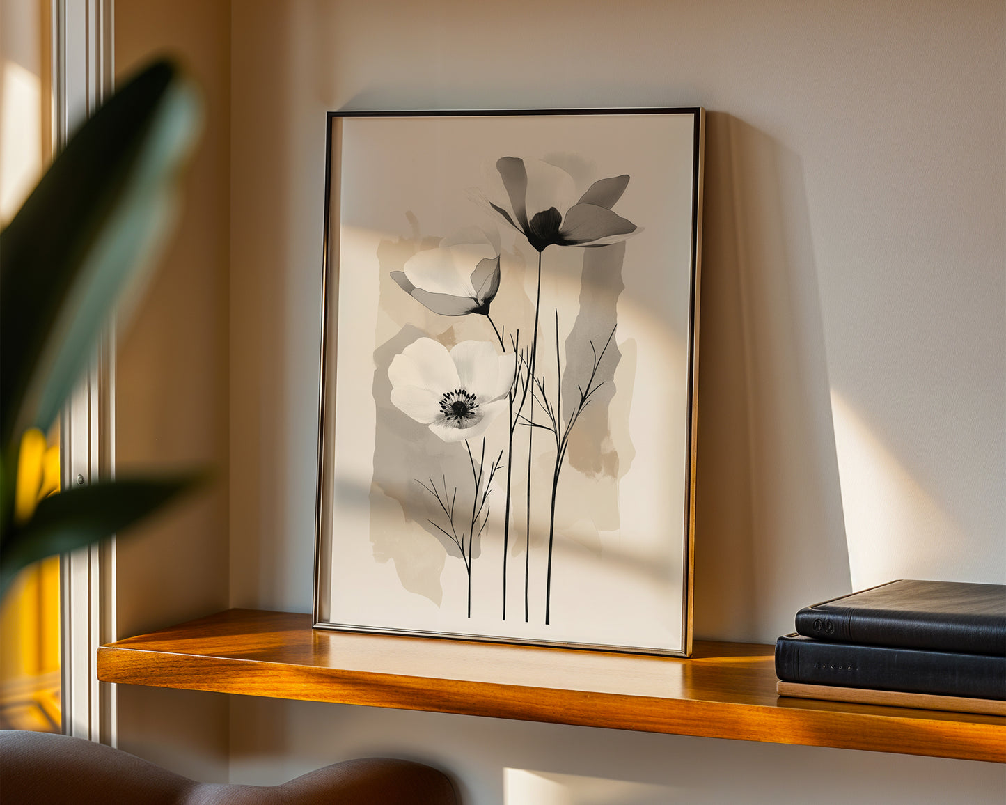 Modern Minimalist Art Beige Black Flower Abstract Art Set(Printable+Physical)