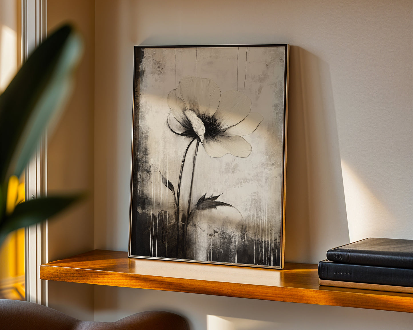 Modern Minimalist Art Beige Black Flower Abstract Art Set(Printable+Physical)