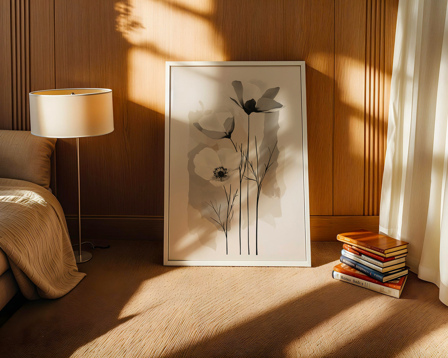 Modern Minimalist Art Beige Black Flower Abstract Art Set(Printable+Physical)