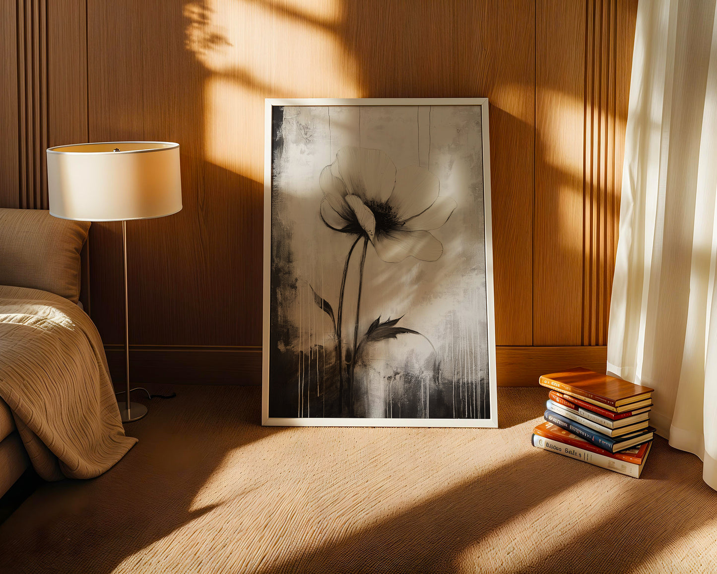 Modern Minimalist Art Beige Black Flower Abstract Art Set(Printable+Physical)