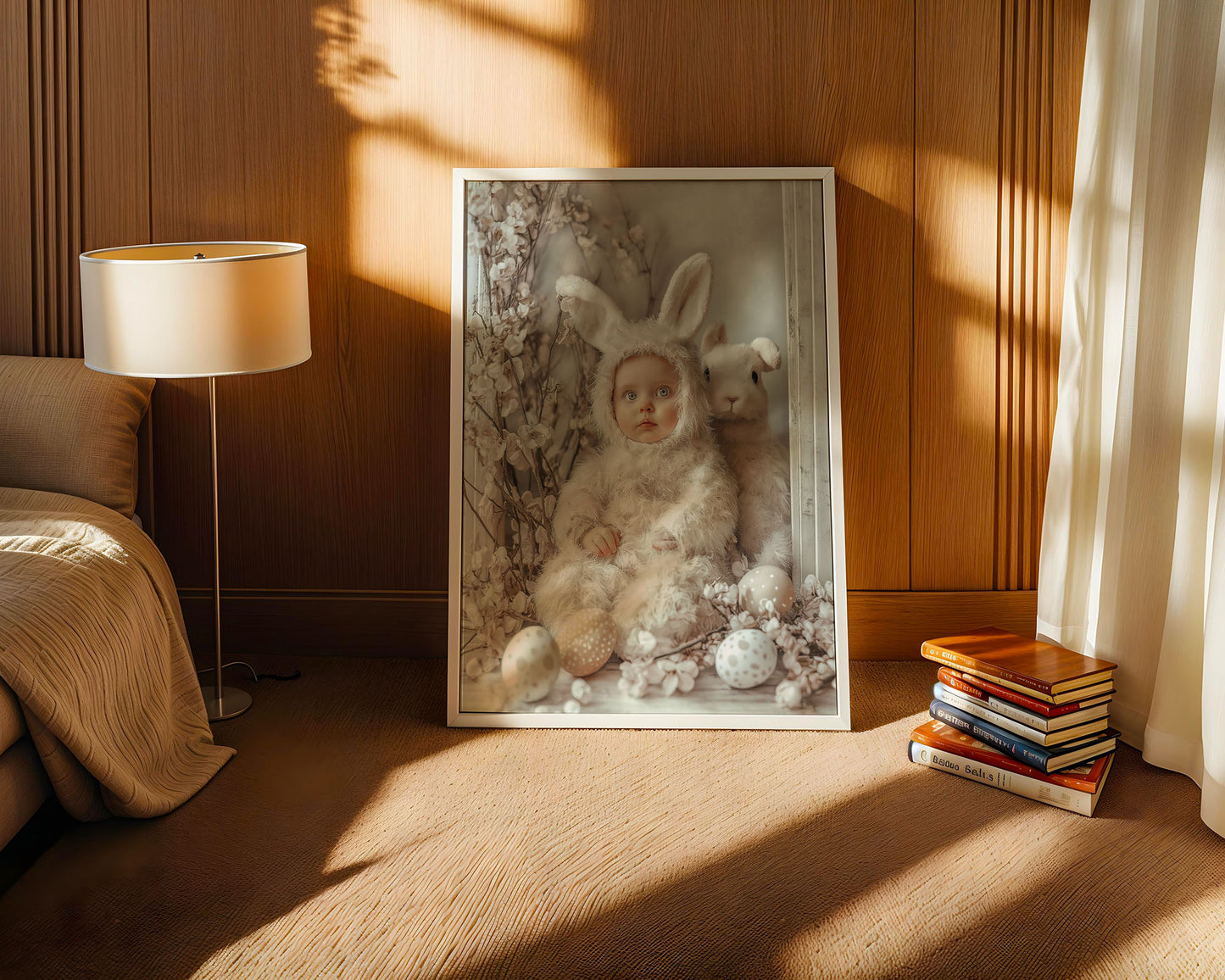 Cute Vintage Bunny with Basket of Easter Eggs & Baby (Printable+Physical)