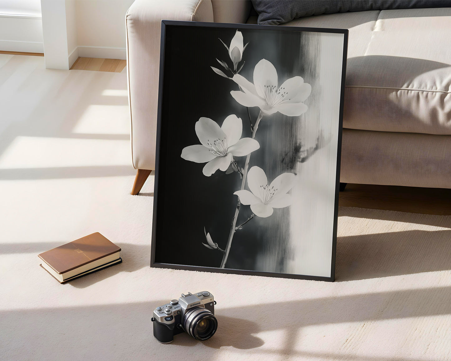 Modern Minimalist Art Beige Black Flower Abstract Art Set(Printable+Physical)