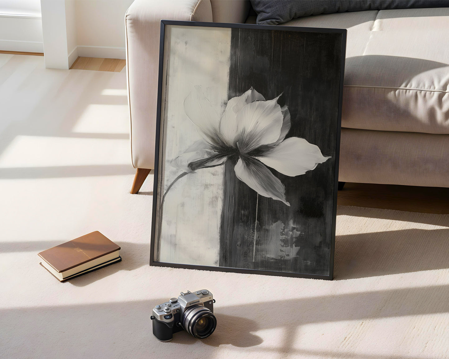 Modern Minimalist Art Beige Black Flower Abstract Art Set(Printable+Physical)