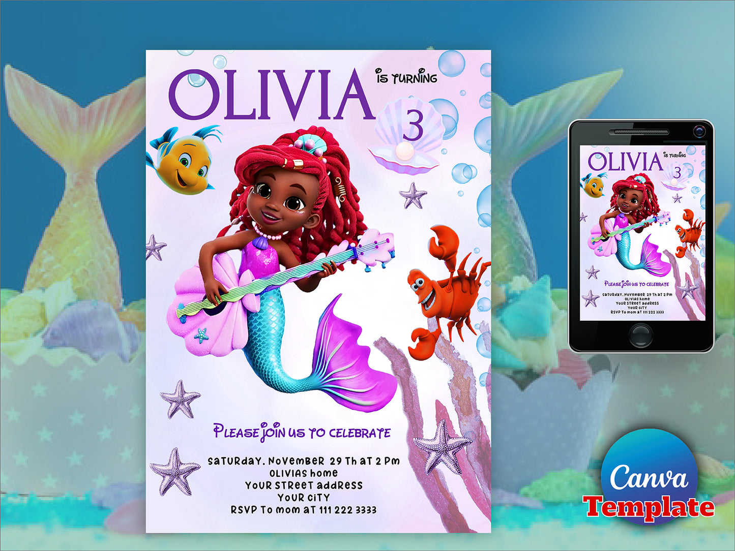 Editable The Little Mermaid Birthday Party Invitation(Printable)