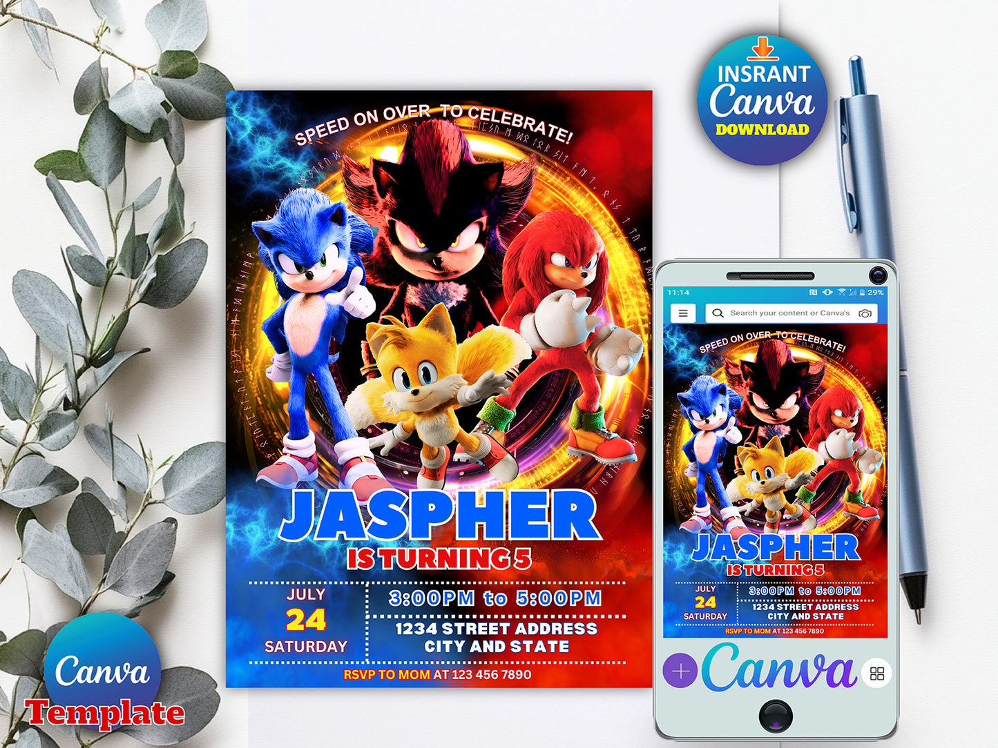 Editable Sonic 3 birthday invitation(Printable)