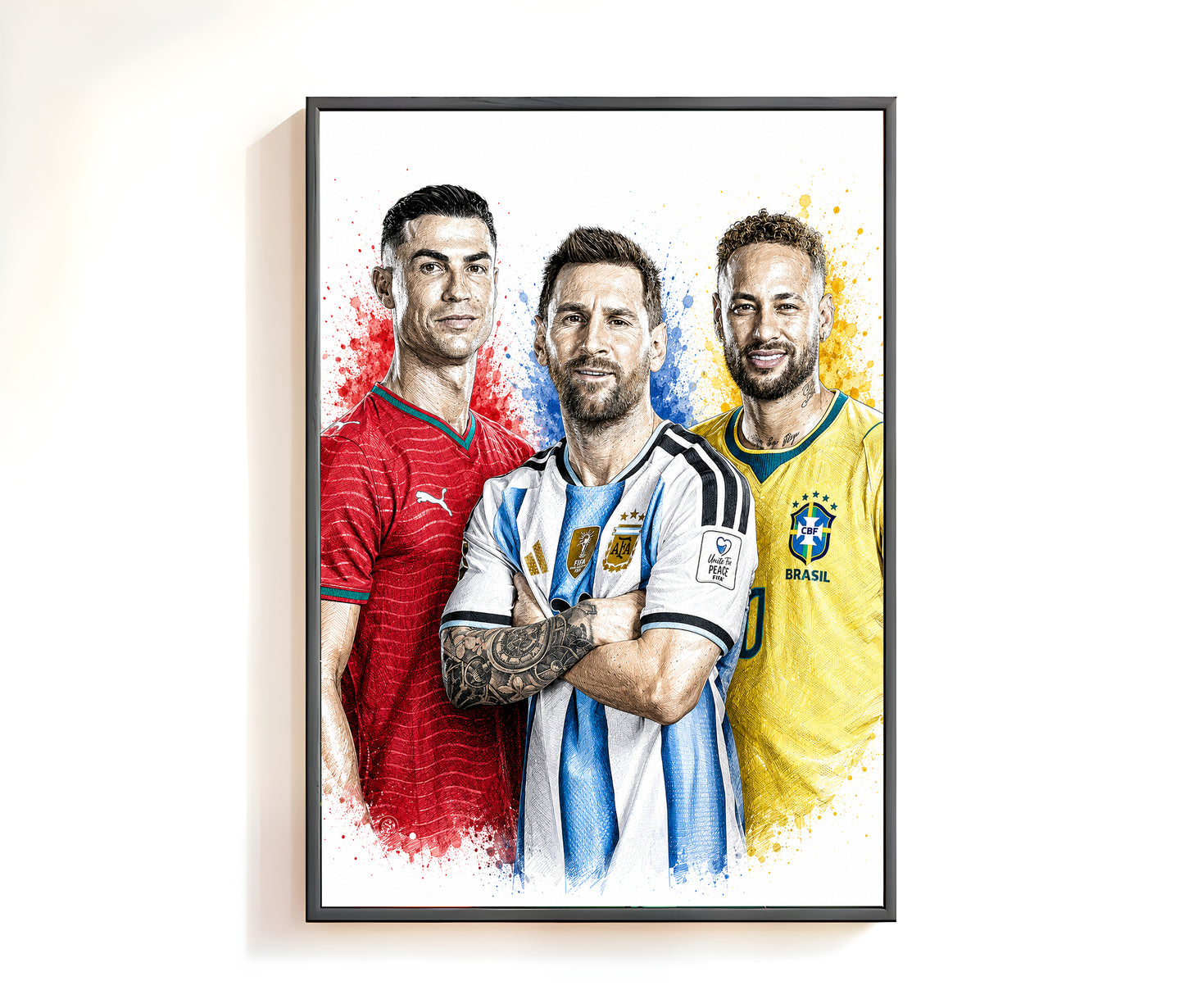 Football Triumvirate Messi Ronaldo Neymar Poster Trio Legends Watercolor Sketch Wall Art (Printable+Physical)