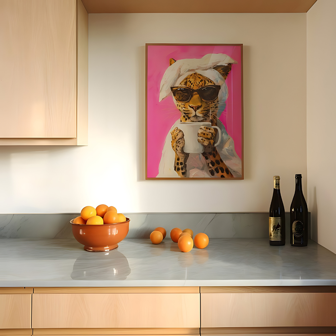 Leopard Drinking Coffee Maximalist Oil Painting(Printable+Physical)