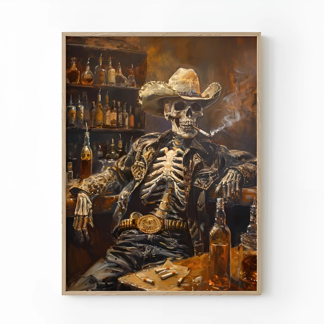Wild West Remains Skeleton Cowboy In a Bar Oil Painting Print(Printable+Physical)