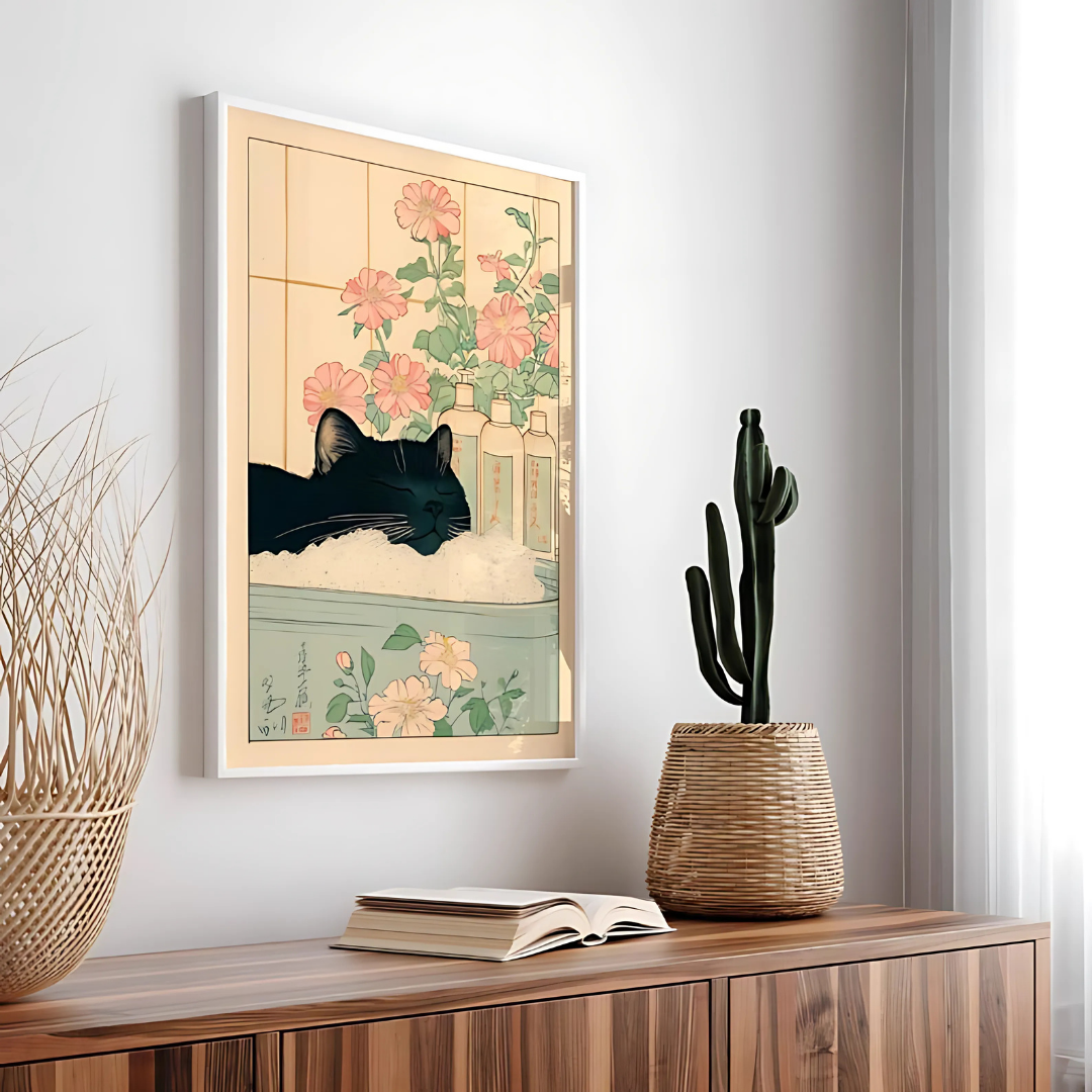Black Cat Japanese Bathroom Minimalist Wall Art(Printable+Physical)