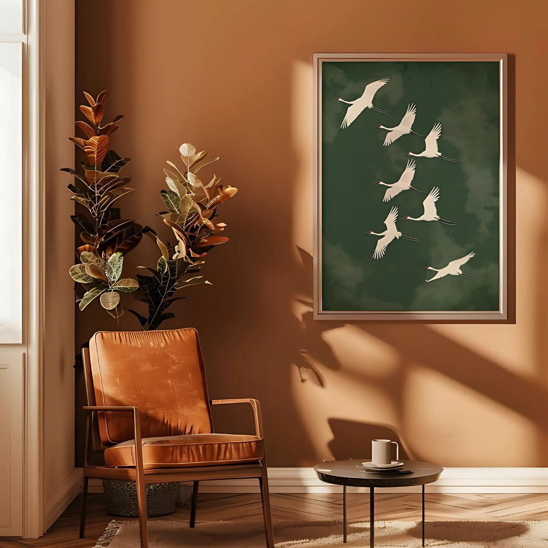 Flying Cranes Japandi Green White Bird Print(Printable+Physical)
