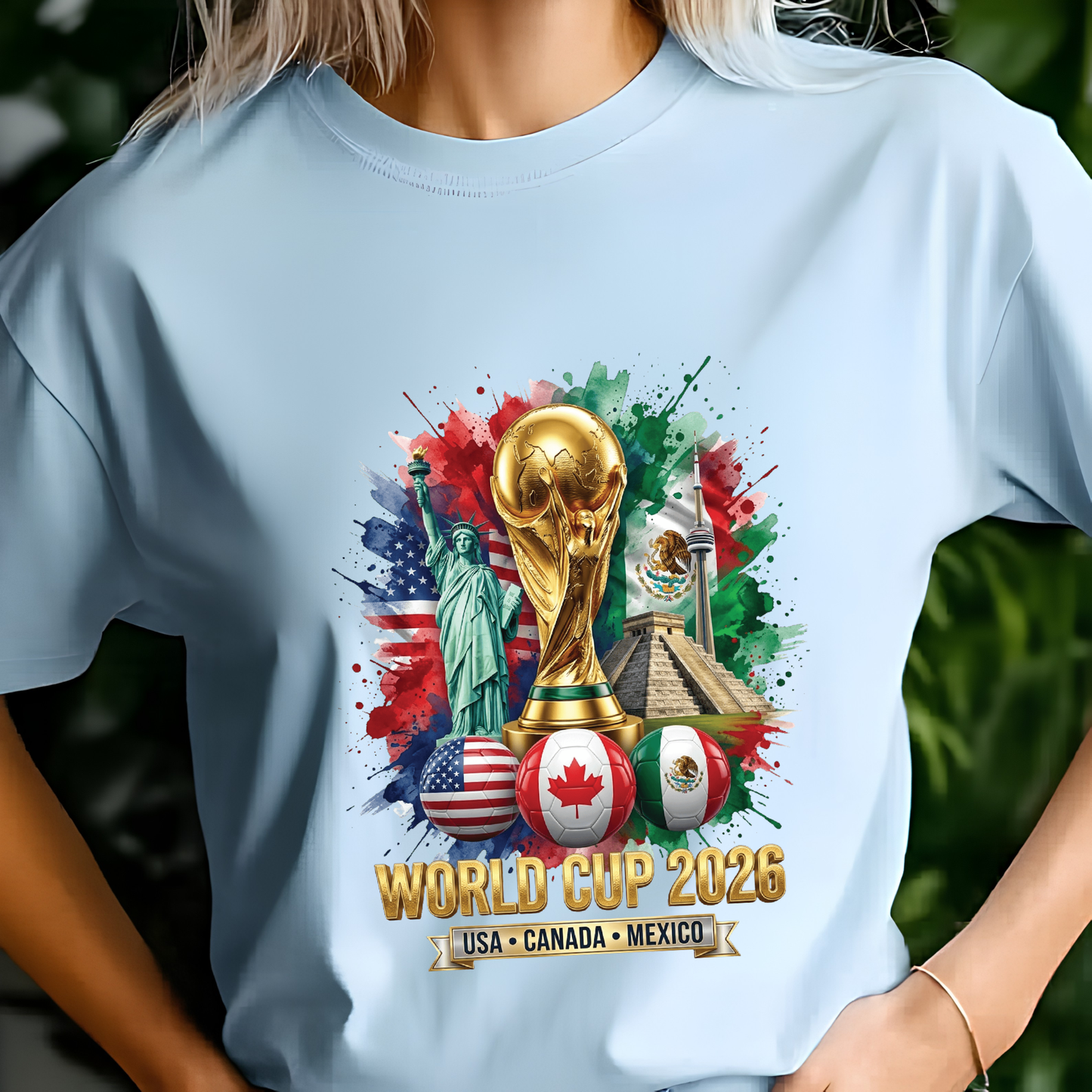 Vibrant Watercolor Splash Global Football Event 2026 Golden Trophy Tee (physical)