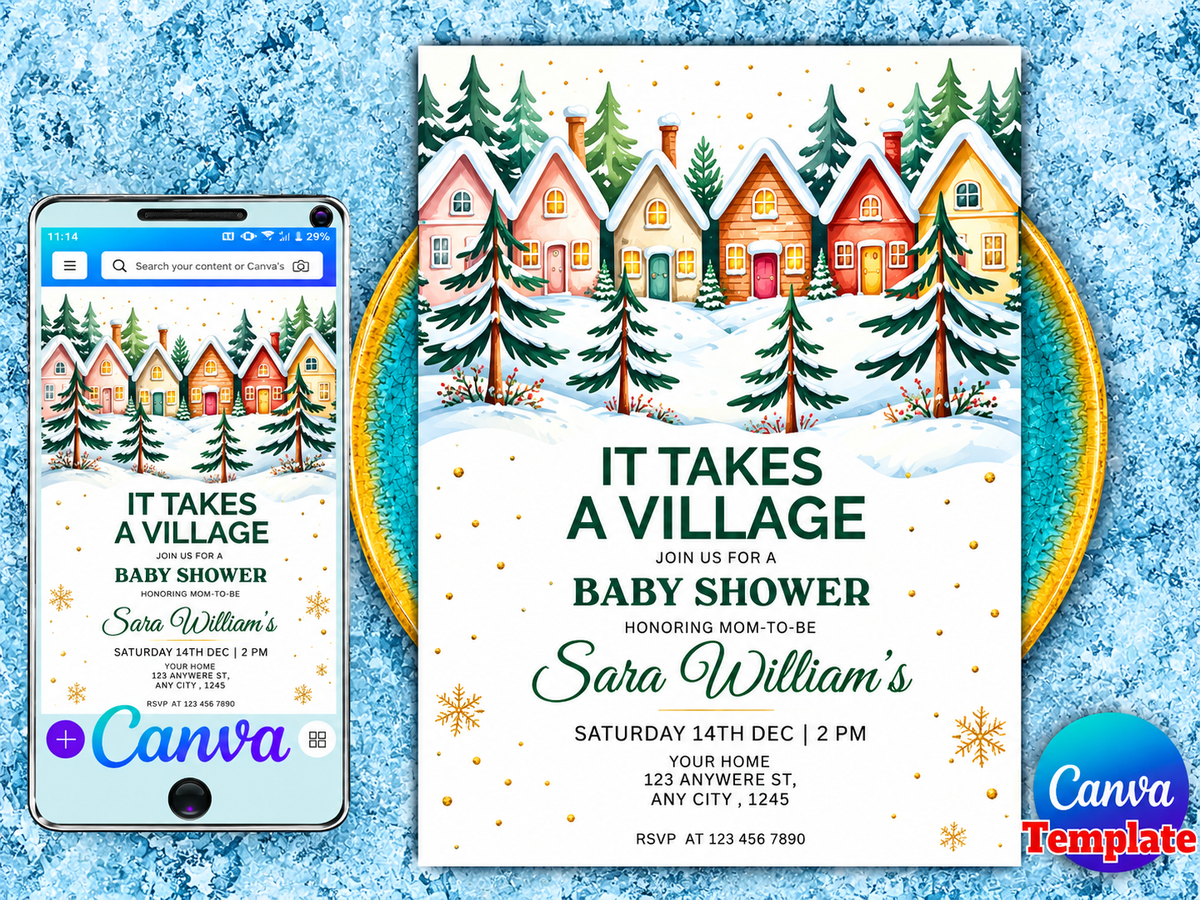 It Takes a Village Baby Shower Invitation, editable template, winter, pink, baby girl shower, Christmas, snow, 5x7, Canva, instant download