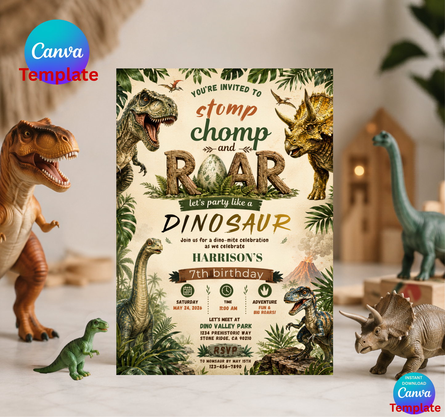 A dinosaur-themed birthday invitation card is centered on a marble surface, surrounded by toy dinosaurs and blocks in a styled indoor setting. The card includes illustrated T-Rex, Triceratops, and other dinosaurs with text such as 'Stomp Chomp and Roar' and 'Dinosaur 7th birthday.