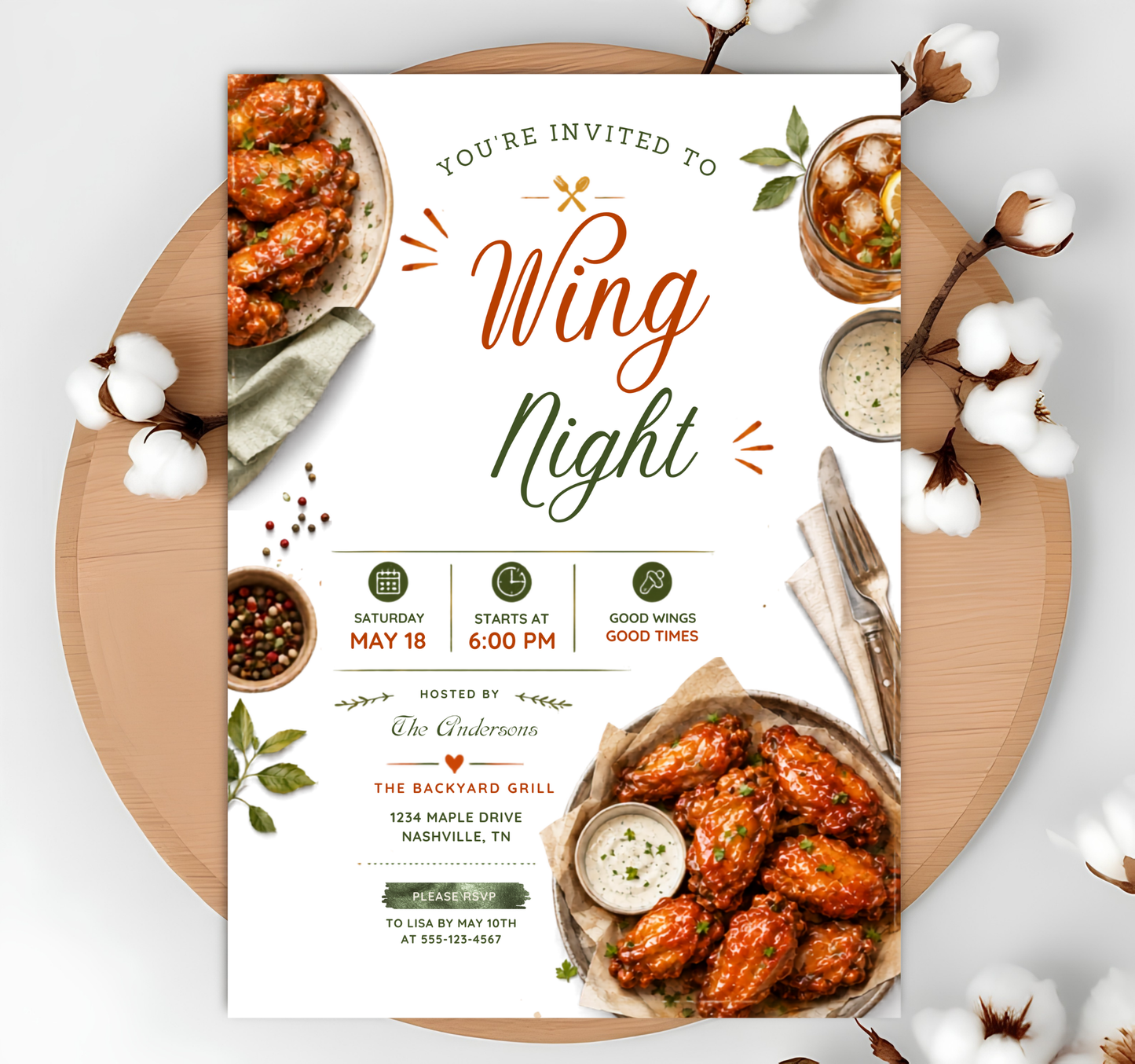 A wedding-style wing dinner invitation card styled in a flat lay on a round wooden board with cotton bolls. The card reads 'Wing Night' and includes photos of glazed chicken wings, dipping sauce, and cocktail garnishes, with event details below.