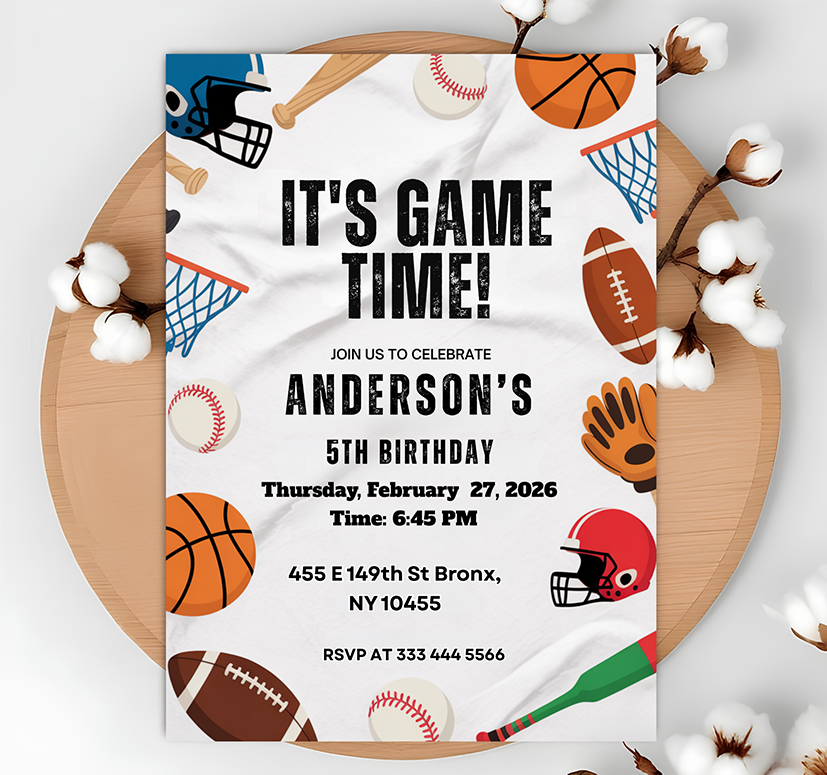Baseball Basketball Football Printable Sports Theme Invitation Template