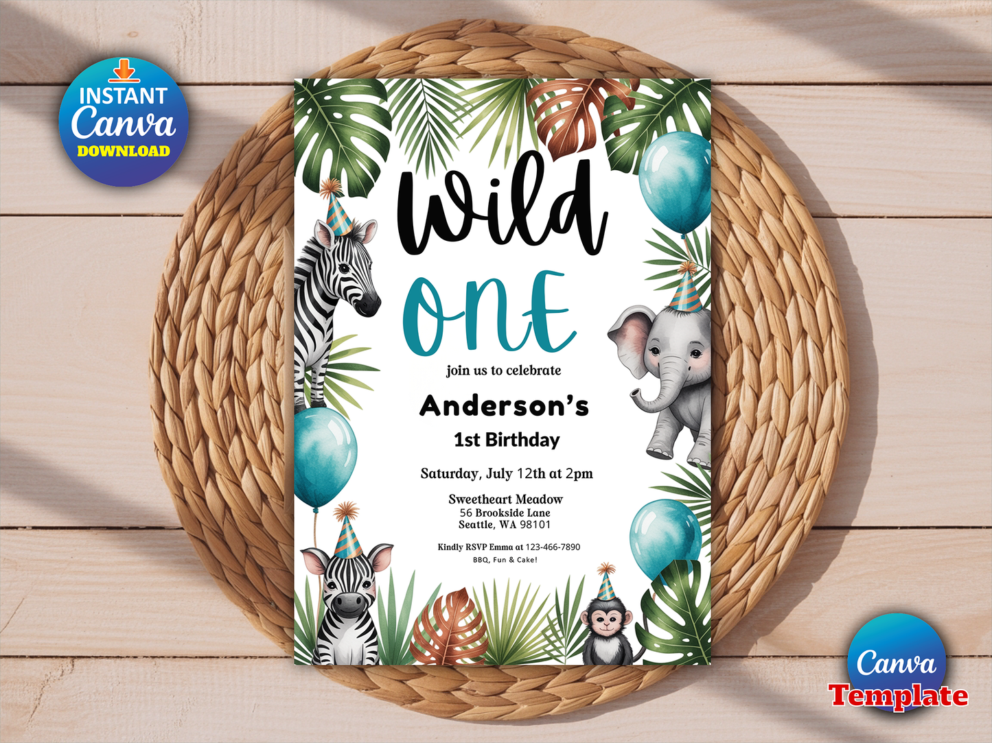 Editable Wild One Birthday Invitation Safari Animals Invite Jungle Safari Animal Party Modern Monochrome Safari Party Instant Download