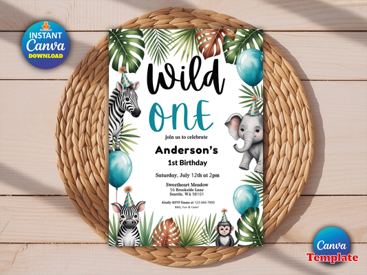 Editable Wild One Birthday Invitation Safari Animals Invite Jungle Safari Animal Party Modern Monochrome Safari Party Instant Download