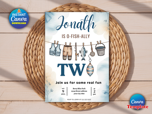 Editable Fishing 2nd Birthday Party Invitation O-Fish-Ally Two Boy 2nd Birthday Fisherman Party Gone Fishing Party Instant Download