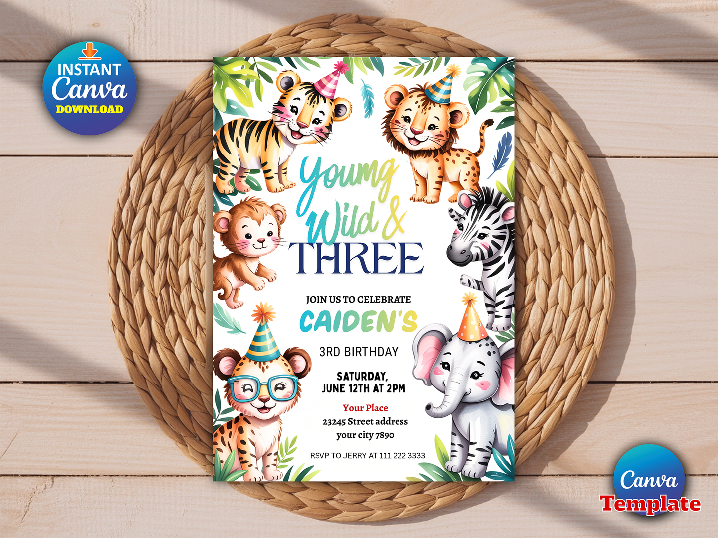 Editable Four Ever Wild Safari Animals Birthday Invitation Boy Tropical Cheetah Print Leopard Print Wild Safari Animals Party Download (Copy)