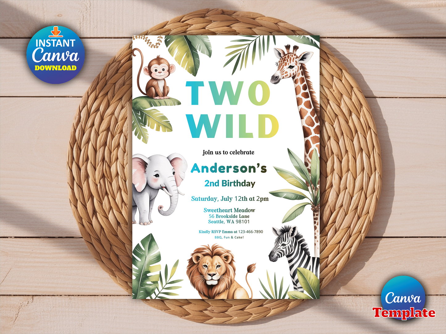 Two Wild Birthday Invitation Jungle Safari Animals Invitation Gold Safari Two Wild 2nd Birthday Party Instant Download Editable PDF File