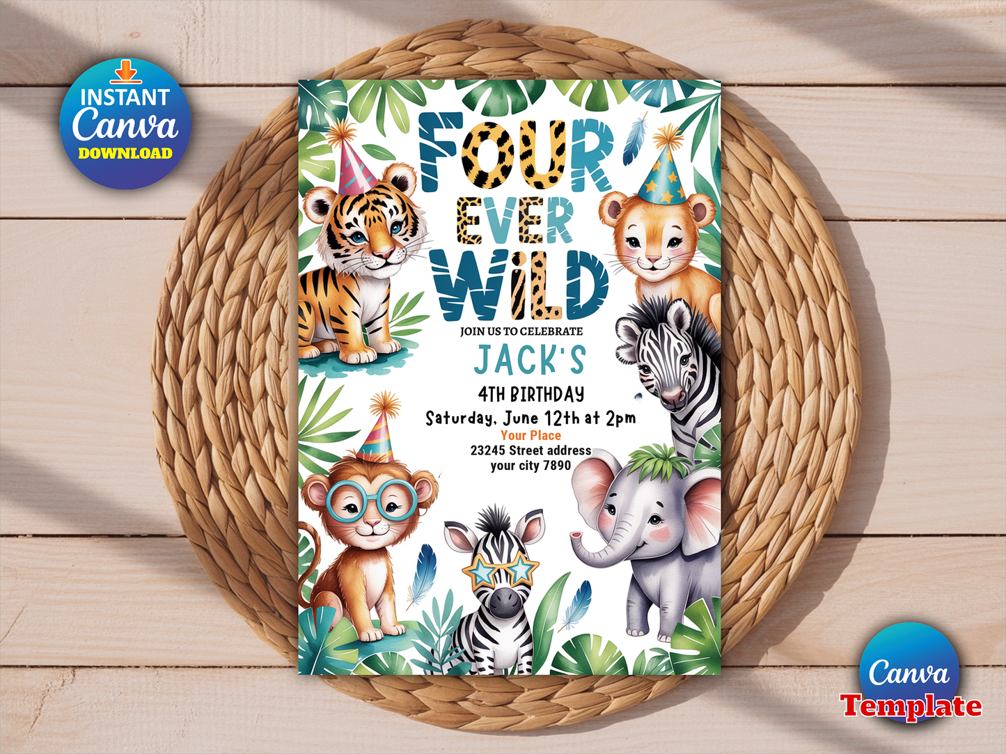 Editable Four Ever Wild Safari Animals Birthday Invitation Boy Tropical Cheetah Print Leopard Print Wild Safari Animals Party Download