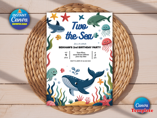 Editable Two the Sea 2nd Birthday Party Invitation Under The Sea 2nd Birthday Whale Shark Sea Life Party Instant Download Editable