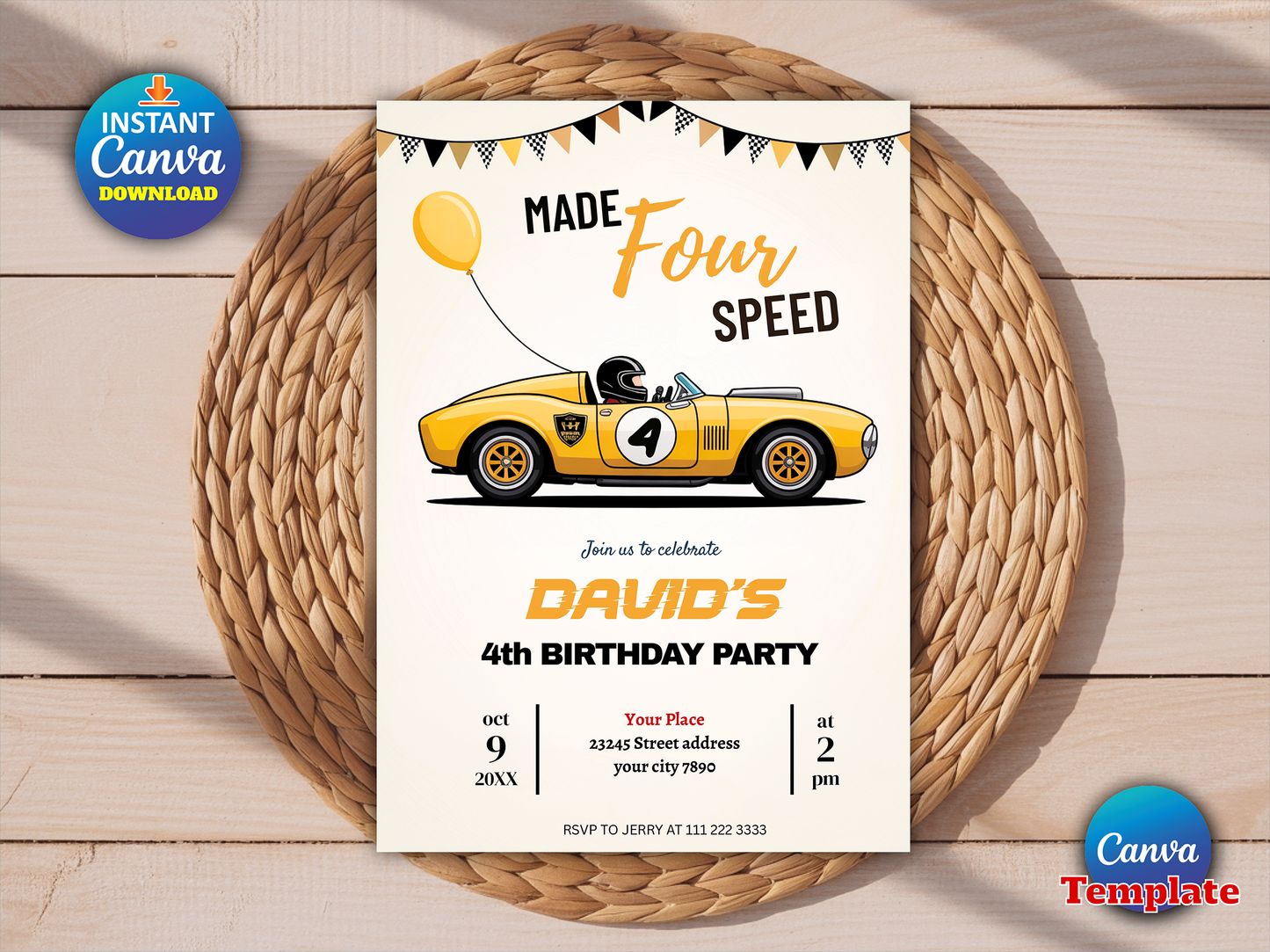 Editable Made Four Speed Race Car 4th Birthday Invitation Boy Vintage Yellow Race Car 4th Birthday Party Made 4 Speed Instant Download