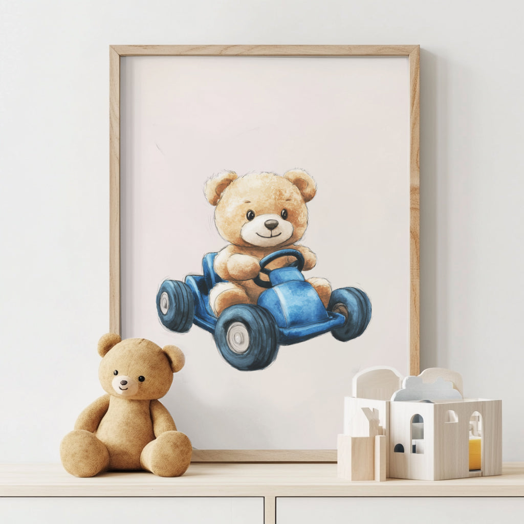 Retro Teddy Bear Blue Race Car Print (Printable+Physical)