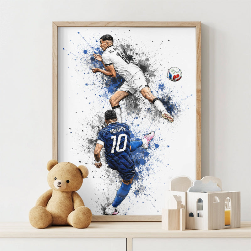 Mbappe Dual Action Football Poster Airborne Volley Watercolor Soccer Wall Art (Printable+Physical)