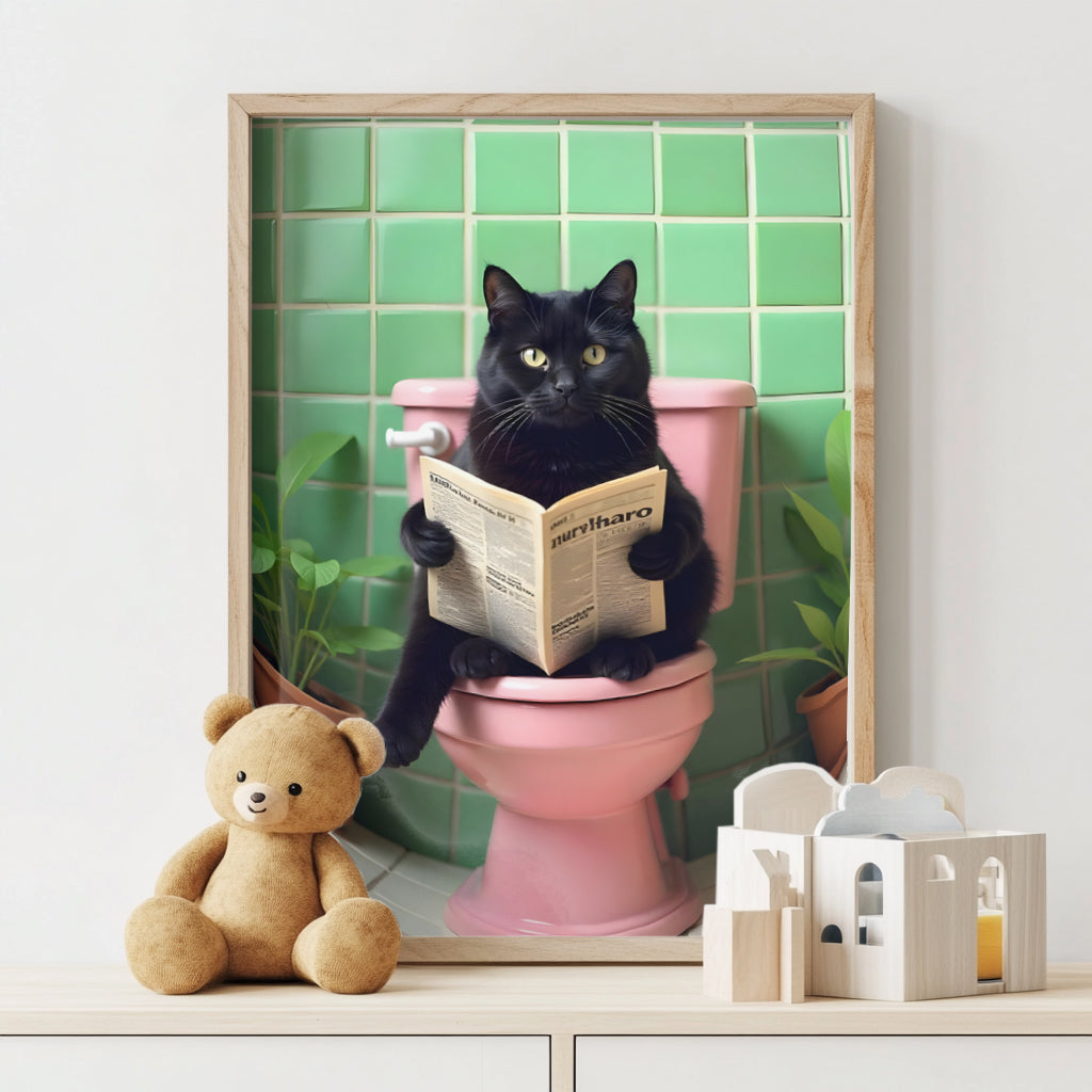 Bathroom Cat Print reading on Toilet(Printable+Physical)